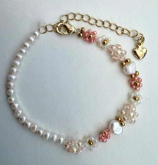 Flower Braided Bracelet (Pink x Pearl)